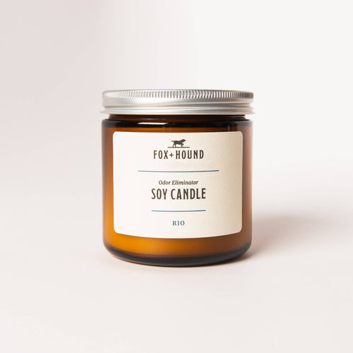 A brown glass jar candle with a silver lid labeled "Fox + Hound Odor Elimination Soy Candle - Rio" evokes a tropical getaway, elegantly sitting against a plain white background, offering paradise in every burn.