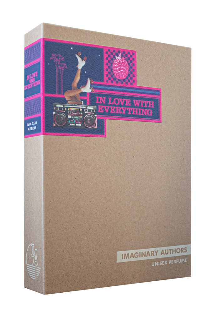 A cardboard box featuring a retro-style design. The top section depicts a deer standing on a radio against a starry background with the text "In Love With Everything." The bottom section reads "Imaginary Authors Unisex Perfume" in white text, promising an energizing scent that is truly gender-neutral. Product: Imaginary Authors In Love With Everything - Travel Size.