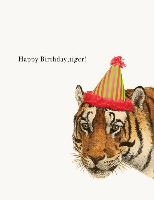 A cheerful tiger in a party hat faces forward beside “Happy Birthday, tiger!” text. Printed in Portland, this eco-friendly birthday card is by P. Flynn Design / Phun House.