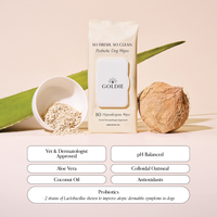 Goldie - So Fresh, So Clean Probiotic Wipes are shown with oats, aloe vera, and coconut. Featuring aloe vera, antioxidants, and probiotics, these gentle wipes from Goldie are hypoallergenic—perfect for your dog’s care.