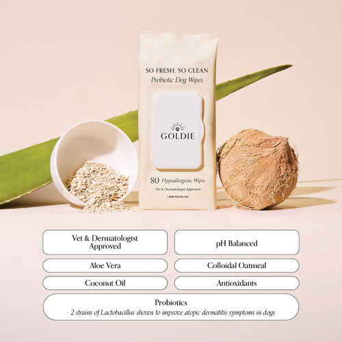 Goldie - So Fresh, So Clean Probiotic Wipes are shown with oats, aloe vera, and coconut. Featuring aloe vera, antioxidants, and probiotics, these gentle wipes from Goldie are hypoallergenic—perfect for your dog’s care.