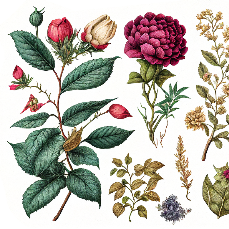 Detailed vintage-style illustration of blooming roses, rosebuds, green leaves, and tiny florals on white—reflecting the pure plant ingredients in FRENCH GIRL Damascena Rose Organic Vegan Natural Aromatherapy Perfume by FRENCH GIRL.