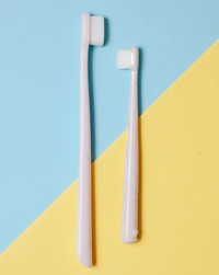 Two Wag & Bright Supply Co. Puppy Polisher Eco Toothbrushes (Medium), made from wheat straw bioplastic, are positioned upright against a two-toned backdrop of light blue and yellow diagonal halves. The larger toothbrush is perfect for ensuring excellent dental health for pets.