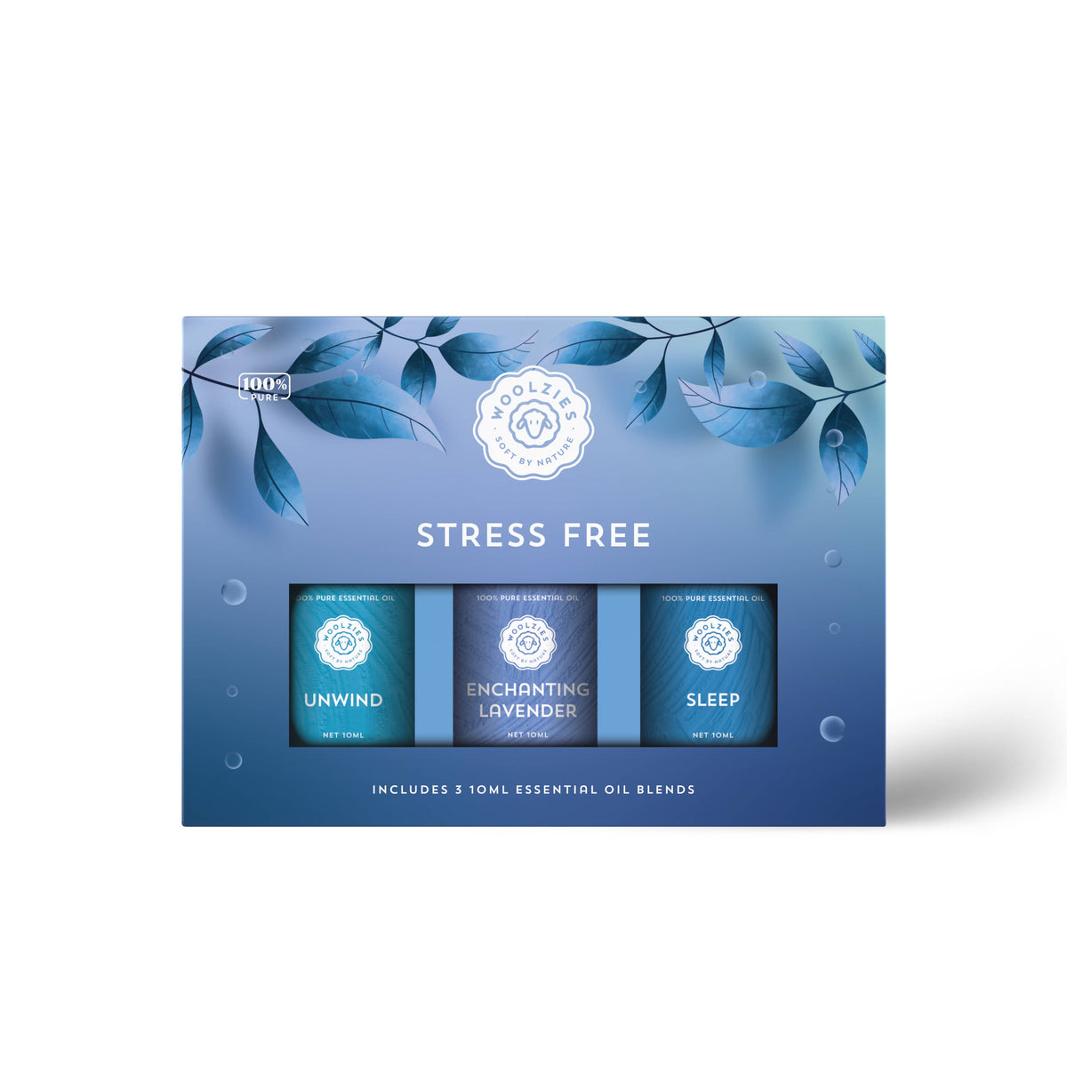 The Woolzies Stress Free Collection by Woolzies includes three calming blends—Unwind, Enchanting Lavender, and Sleep—in a blue box with leaf and bubble designs that evoke calm and relaxation.