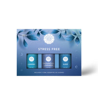 The Woolzies Stress Free Collection by Woolzies includes three calming blends—Unwind, Enchanting Lavender, and Sleep—in a blue box with leaf and bubble designs that evoke calm and relaxation.