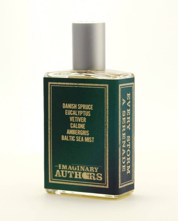 A bottle of Imaginary Authors Every Storm a Serenade - Large Size perfume. The rectangular bottle features text listing the fragrance notes: Eucalyptus, Danish Spruce, Vetiver, Calone, Ambergris, and Baltic Sea Mist. The label is dark green with white and gold text.