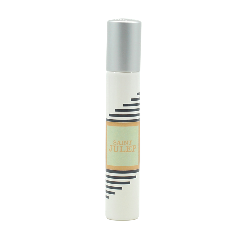 A cylindrical spray bottle of Imaginary Authors Saint Julep - Travel Size fragrance, featuring a sleek silver cap and a white body adorned with black stripes, stands against a white background. The beige label reads "Saint Julep" in light green and gold text, evoking the essence of Sweet Mint and Southern Magnolia.