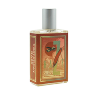 A glass perfume bottle with a silver cap contains a golden liquid. The label reads "Imaginary Authors Yesterday Haze - Large Size" and features an illustration of a plane flying over a sunset landscape with trees in the background, capturing a dreamlike scent in its 50ml vessel.