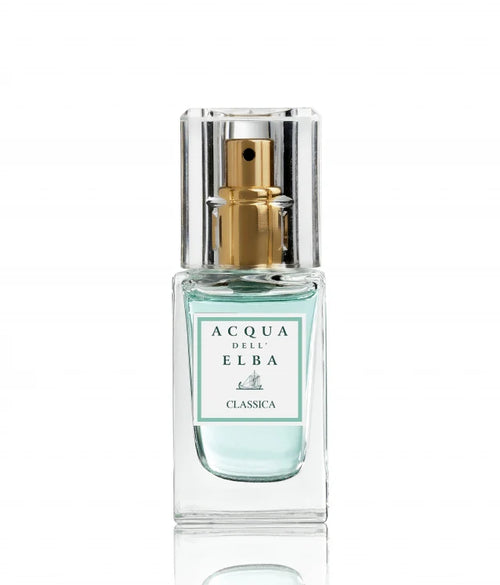 A 15ml travel-size bottle of Acqua dell'Elba Classica Donna Eau de Parfum by Acqua dell'Elba, featuring a clear glass design and a gold spray nozzle. The label showcases a turquoise background with text, evoking a refreshing and classic fragrance ambiance.