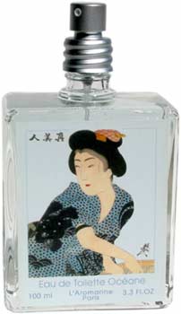 A clear perfume bottle with a spray nozzle, featuring a contemporary Japanese-style painting of a woman in traditional attire, decorated with text in both roman and Asian characters from Outremer - L'Aromarine Tokyo Line Eau de Toilette - Oceane.