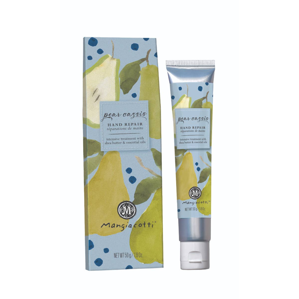 A tube and box of Mangiacotti Pear & Cassis Hand Repair cream feature a colorful design with pears and blue dots on white. This shea butter and coconut oil formula nourishes hands.