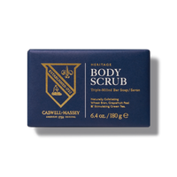 A navy blue rectangular box of Caswell Massey Body Scrub Bar exfoliating soap (6.4 oz/180 g) features gold accents and text, highlighting its natural skincare exfoliating ingredients.