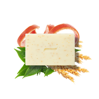 The Caswell-Massey Body Scrub Bar by Caswell Massey, featuring a minimal groove design, rests on green leaves, wheat stalks, and grapefruit peels. Made with natural ingredients, this beige speckled exfoliating soap is shown on a white background.