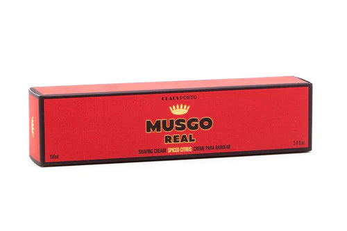 The Claus Porto 1887 Musgo Real Agua de Colonia No. 3 Spiced Citrus Shave Cream comes in a red rectangular box with gold and black text, features a crown logo, and is enriched with lanolin for a smooth shave—ideal with a shaving brush.