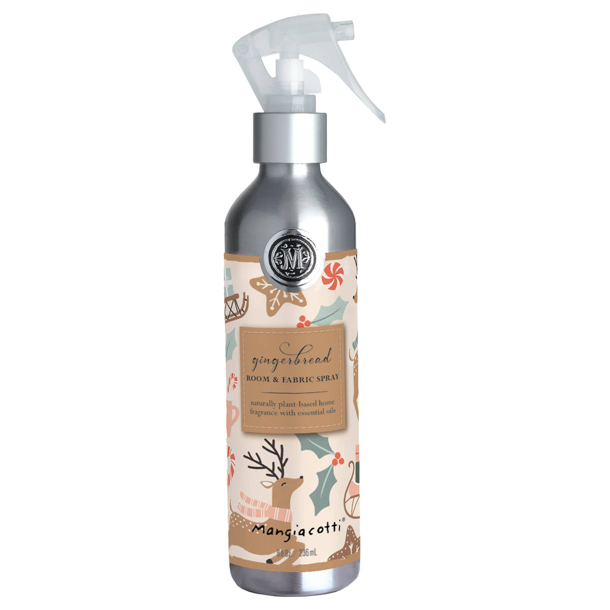 The Mangiacotti Gingerbread Room & Fabric Spray is a plant-based spray in a silver bottle with festive holiday illustrations, perfect for adding seasonal fragrance to any room or fabric.