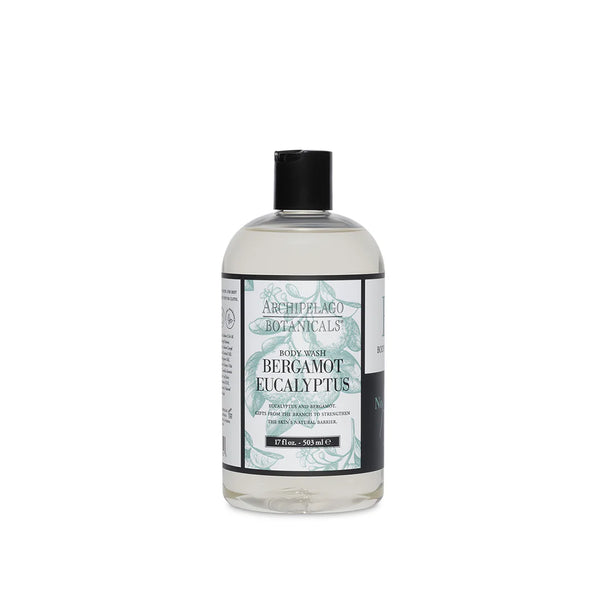 The Archipelago Botanicals Bergamot Eucalyptus Body Wash 17oz comes in a clear bottle with a black flip-top cap, featuring botanical illustrations, plant-based ingredients, and all-natural fragrances.