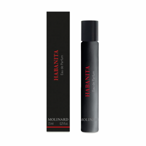 A black Molinard Habanita Eau de Parfum Roll-On bottle (7.5 ml) stands beside its matching black box, both with red and white text highlighting this woody oriental fragrance's signature details.
