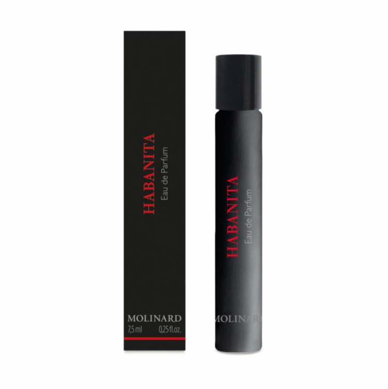 A black Molinard Habanita Eau de Parfum Roll-On bottle (7.5 ml) stands beside its matching black box, both with red and white text highlighting this woody oriental fragrance's signature details.