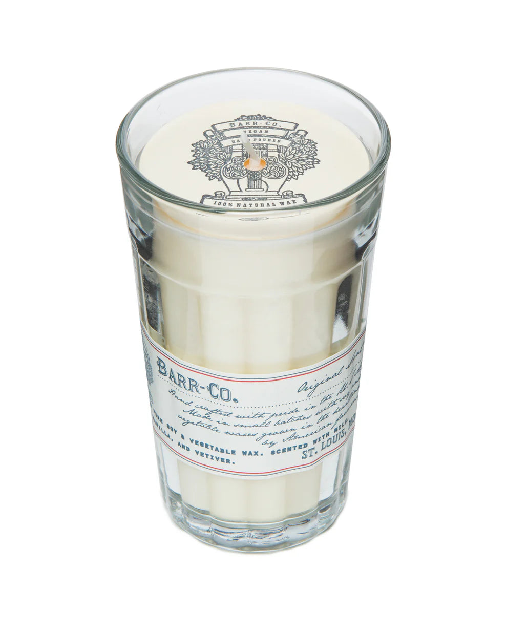 The Barr-Co. Original Scent Parfait Candle features a white oatmeal vanilla soy wax in a clear glass tumbler with vintage "BARR-CO." label, decorative lid, and is nearly filled to the top for an elegant, long-lasting touch.