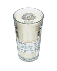 The Barr-Co. Original Scent Parfait Candle features a white oatmeal vanilla soy wax in a clear glass tumbler with vintage "BARR-CO." label, decorative lid, and is nearly filled to the top for an elegant, long-lasting touch.