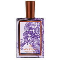 Molinard Madrigal Eau de Parfum by Molinard is a woody oriental fragrance in a bottle adorned with an ornate purple mythical creature illustration, copper-colored cap, and elegant lettering.