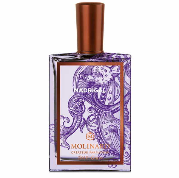Molinard Madrigal Eau de Parfum by Molinard is a woody oriental fragrance in a bottle adorned with an ornate purple mythical creature illustration, copper-colored cap, and elegant lettering.