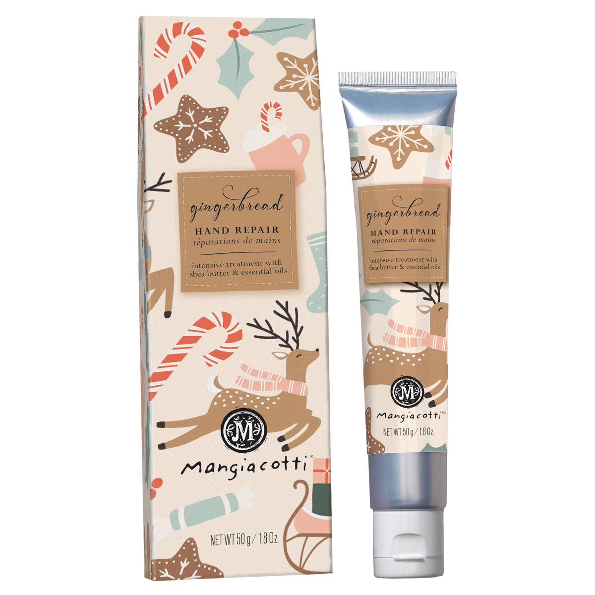 Mangiacotti Gingerbread Hand Repair 1.8 oz, a shea butter cream, comes in festive holiday packaging with reindeer, candy canes, cookies, and snowflakes. This plant-based formula contains essential oils for hand repair.