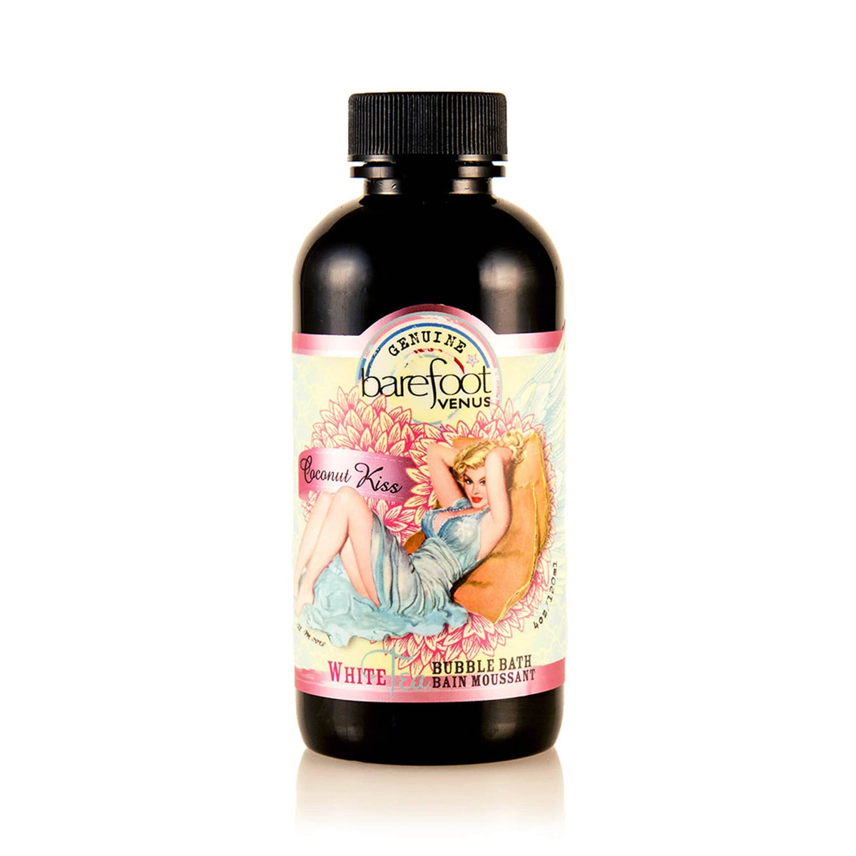 A bottle of Barefoot Venus Coconut Kiss Bubble Bath labeled "Coconut Kiss." The label shows an illustrated woman in vintage attire lounging with flowers around her. The bottle, featuring a black screw cap and white background, boasts luxurious ingredients like eco-certified Oat Oil and White Tea Extract.