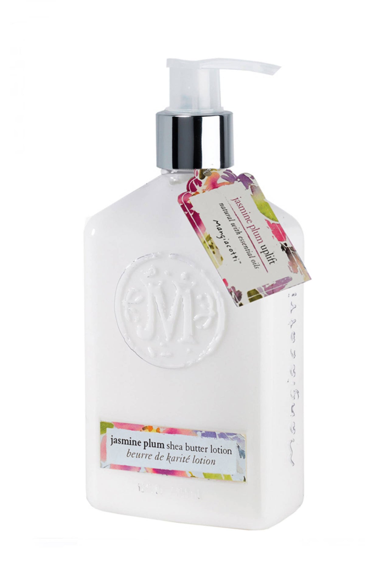 A white bottle of Mangiacotti Jasmine Plum Shea Butter Lotion with pump, embossed logo, and a floral tag. The label features colorful florals, reflecting the rich jasmine plum fragrance of this shea butter lotion.