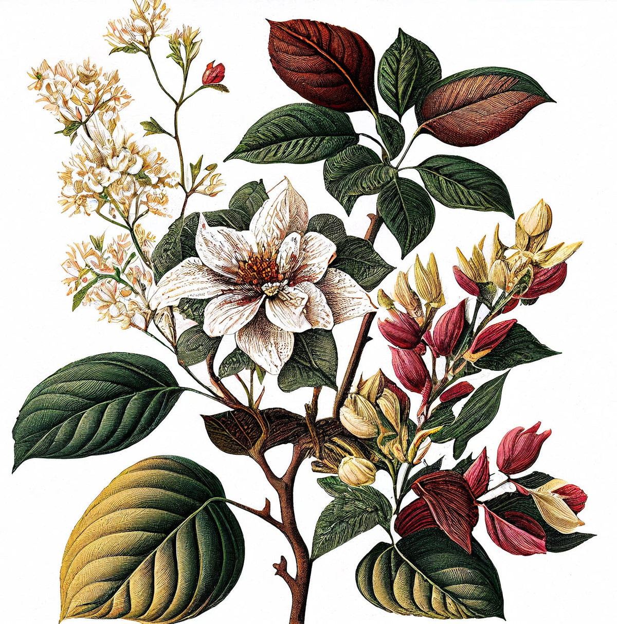 A detailed botanical illustration inspired by FRENCH GIRL Figue Boisée Organic Vegan Woody Aromatherapy Perfume shows three blooming branches—large white flowers, small white clusters, and pink buds with yellow blooms—amid green and brown leaves.