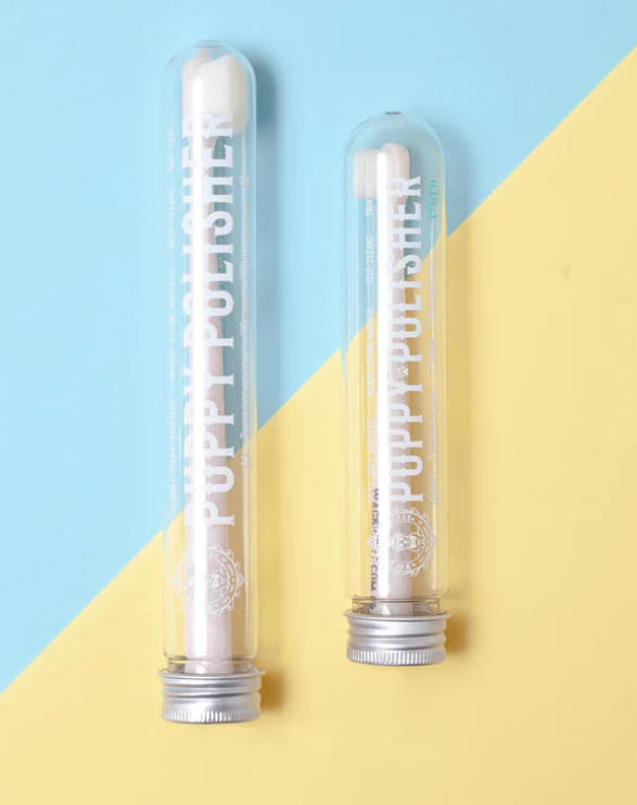 Two transparent tubes featuring silver caps, labeled as "Wag & Bright Supply Co. - Puppy Polisher Eco Toothbrush (Medium)," are displayed against a diagonally split blue and yellow background. Each tube is made from wheat straw bioplastic and holds a light-colored stick intended to improve pet dental health.