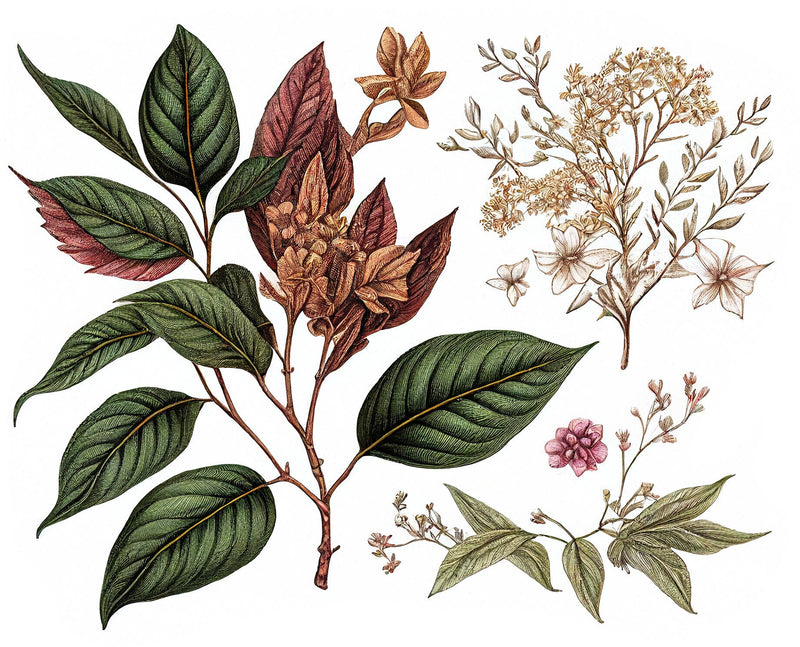 An illustration of lush green and red leaves, yellow and white blooms, and airy branches on white evokes the essence of FRENCH GIRL Eau Du Tabac, an organic vegan natural aromatherapy perfume by FRENCH GIRL.