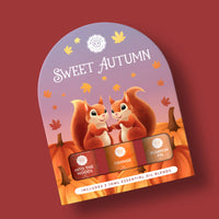 The Woolzies Sweet Autumn Collection package by Woolzies features two smiling squirrels among pumpkins and leaves, and contains three essential oils: Into the Woods, Orange, and Pumpkin Pie.