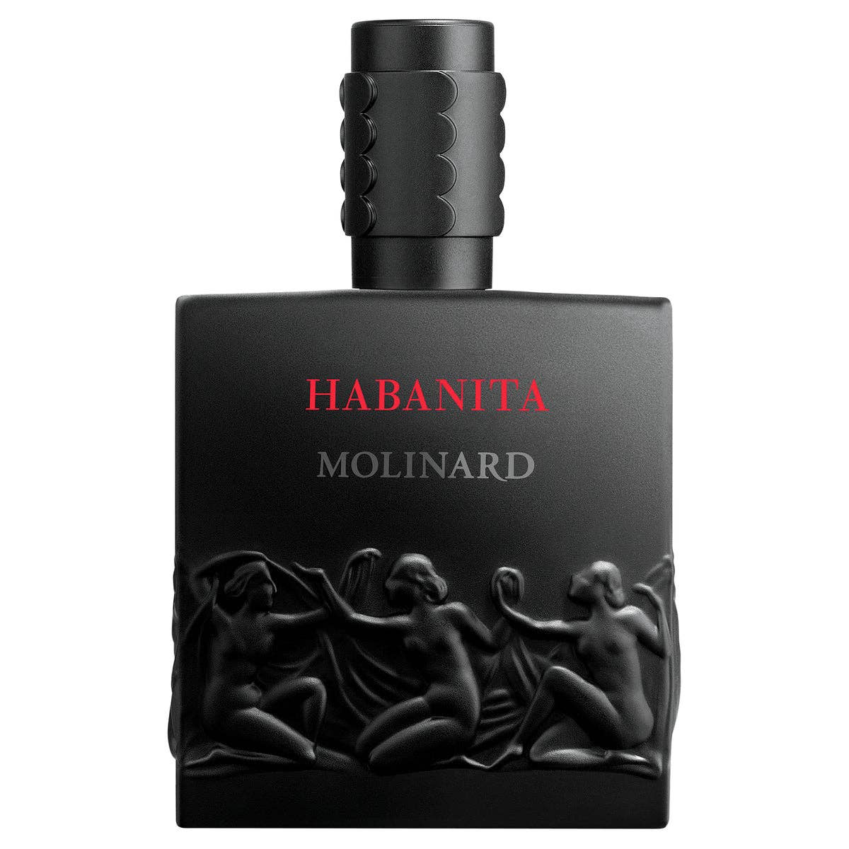 The Molinard Habanita Eau de Parfum by Molinard comes in a matte black bottle with embossed dancing figures and red-white text; its ridged cap tops a woody oriental scent with vetiver, vanilla, and patchouli.
