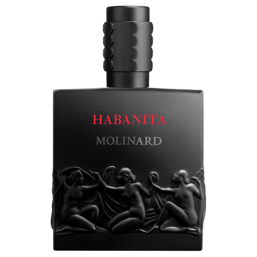 The Molinard Habanita Eau de Parfum by Molinard comes in a matte black bottle with embossed dancing figures and red-white text; its ridged cap tops a woody oriental scent with vetiver, vanilla, and patchouli.