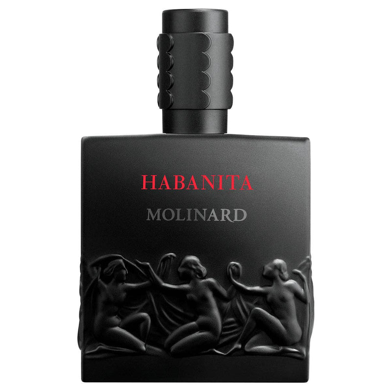 The Molinard Habanita Eau de Parfum by Molinard comes in a matte black bottle with embossed dancing figures and red-white text; its ridged cap tops a woody oriental scent with vetiver, vanilla, and patchouli.