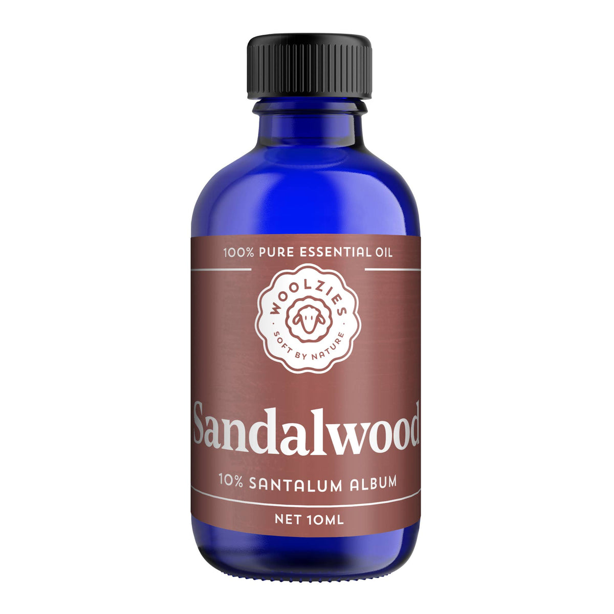 A blue glass bottle of Woolzies Sandalwood Essential Oil (10ml) with a black cap and brown label, known for its soothing aroma and skin benefits. Brand: Woolzies.