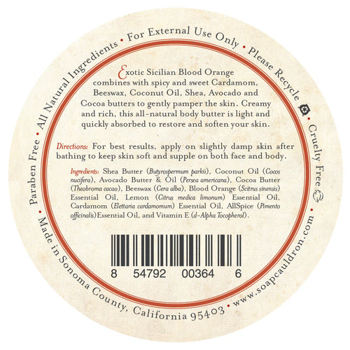 Round label for Three Sisters Aphothecary Blood Orange & Cardamom Body Butter with nourishing cardamom, beeswax, usage directions, and notes: cruelty-free, paraben-free, recyclable.