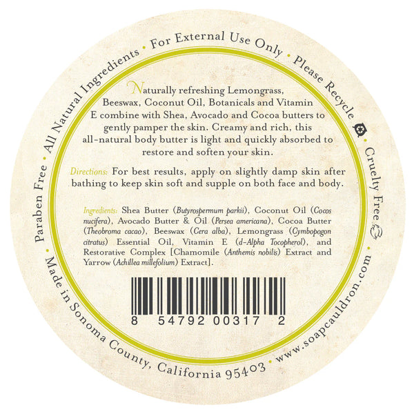 A round beige-green label for Three Sisters Apothecary Lemongrass Body Butter lists shea, avocado, coconut, and cocoa butter. Outer text notes all-natural skincare, cruelty-free practices, and recyclable packaging by Three Sisters Apothecary.