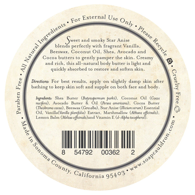 The Three Sisters Apothecary Black Licorice & Vanilla Body Butter label details a natural blend of shea, coconut oil, vanilla, and herbs. Info on ingredients, usage, cruelty-free status, paraben-free formula, and recyclability is included.