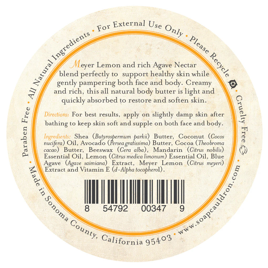 Round label for Three Sisters Apothecary Meyer Lemon & Agave Body Butter. Features shea butter, coconut, avocado, and essential oils; directions included. Cruelty free, paraben free, and made in Sonoma County, California.