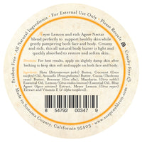 Round label for Three Sisters Apothecary Meyer Lemon & Agave Body Butter. Features shea butter, coconut, avocado, and essential oils; directions included. Cruelty free, paraben free, and made in Sonoma County, California.