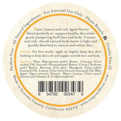 Round label for Three Sisters Apothecary Meyer Lemon & Agave Body Butter. Features shea butter, coconut, avocado, and essential oils; directions included. Cruelty free, paraben free, and made in Sonoma County, California.
