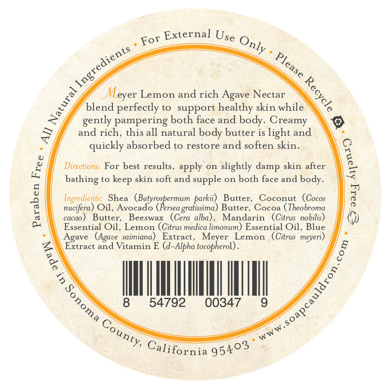 Round label for Three Sisters Apothecary Meyer Lemon & Agave Body Butter. Features shea butter, coconut, avocado, and essential oils; directions included. Cruelty free, paraben free, and made in Sonoma County, California.