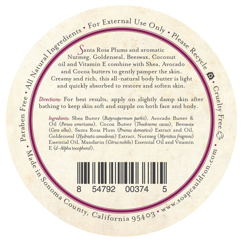 The Three Sisters Apothecary Santa Rosa Plum & Nutmeg Body Butter is a round label natural moisturizer with shea and avocado butters, essential oils, is cruelty-free, paraben-free, and comes in recyclable packaging.