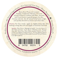 The Three Sisters Apothecary Santa Rosa Plum & Nutmeg Body Butter is a round label natural moisturizer with shea and avocado butters, essential oils, is cruelty-free, paraben-free, and comes in recyclable packaging.