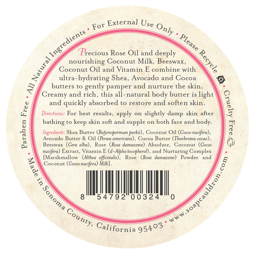 A round label for Three Sisters Apothecary Rose Coconut Body Butter features directions, paraben-free and cruelty-free claims, and notes it's made in Sonoma County, CA. Contains shea butter, coconut oil, beeswax, and rose oil for natural skincare.