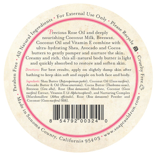 A round label for Three Sisters Apothecary Rose Coconut Body Butter features directions, paraben-free and cruelty-free claims, and notes it's made in Sonoma County, CA. Contains shea butter, coconut oil, beeswax, and rose oil for natural skincare.