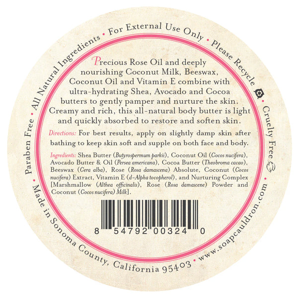 A round label for Three Sisters Apothecary Rose Coconut Body Butter features directions, paraben-free and cruelty-free claims, and notes it's made in Sonoma County, CA. Contains shea butter, coconut oil, beeswax, and rose oil for natural skincare.