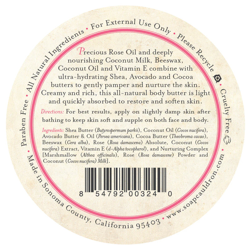 A round label for Three Sisters Apothecary Rose Coconut Body Butter features directions, paraben-free and cruelty-free claims, and notes it's made in Sonoma County, CA. Contains shea butter, coconut oil, beeswax, and rose oil for natural skincare.